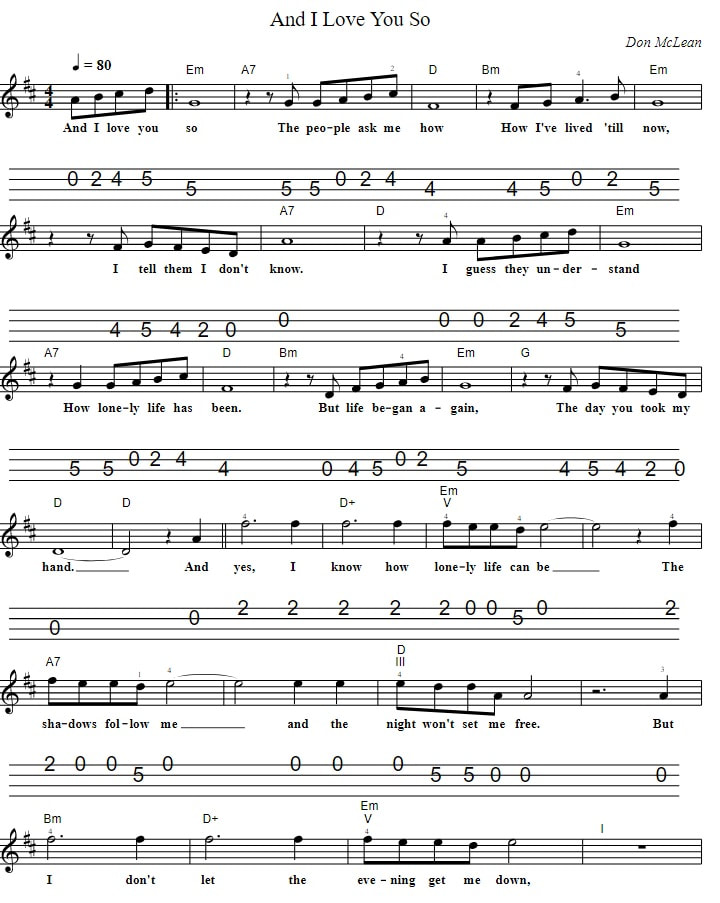 And I love you so sheet music by Don McLean with chords
