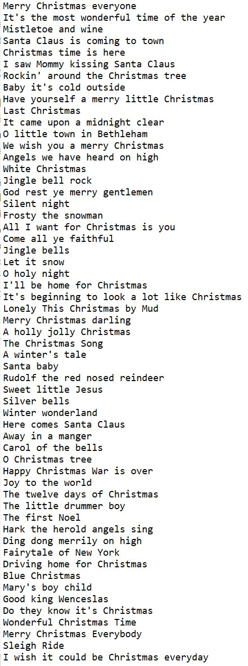Christmas sheet music list of popular songs