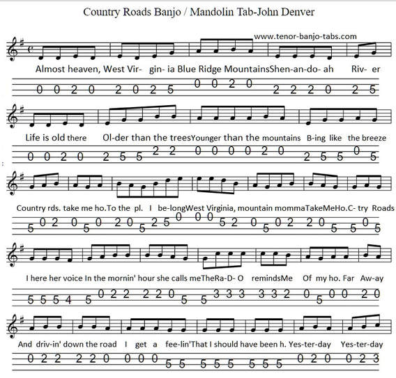 Country Roads sheet music for tenor banjo
