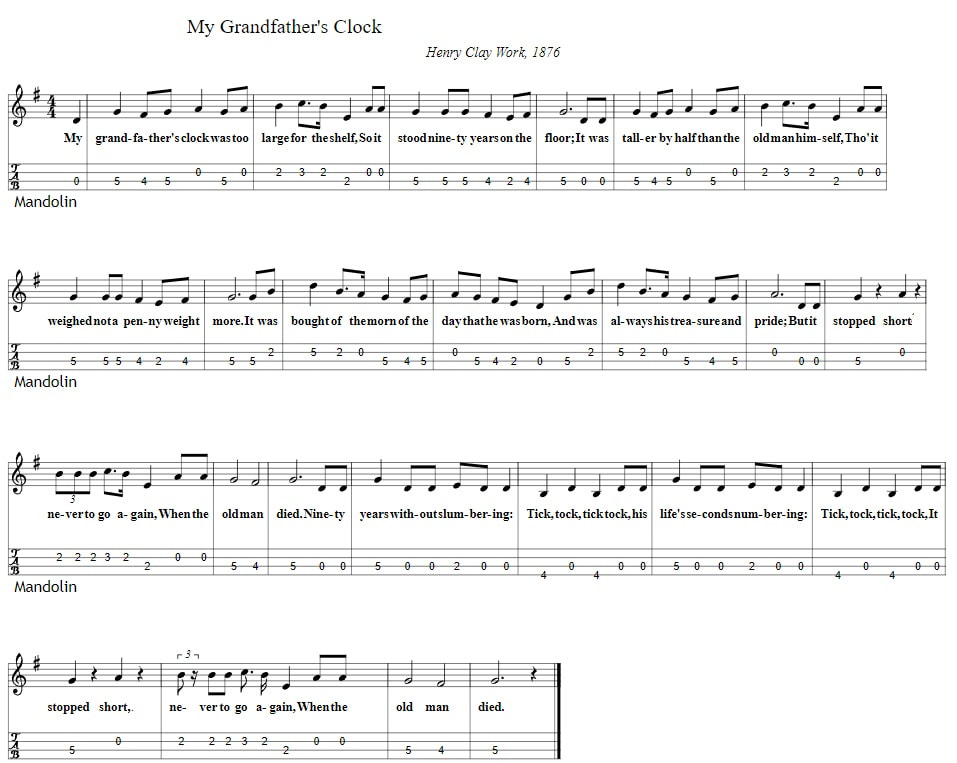 Grandfathers Clock Mandolin Sheet Music Tab