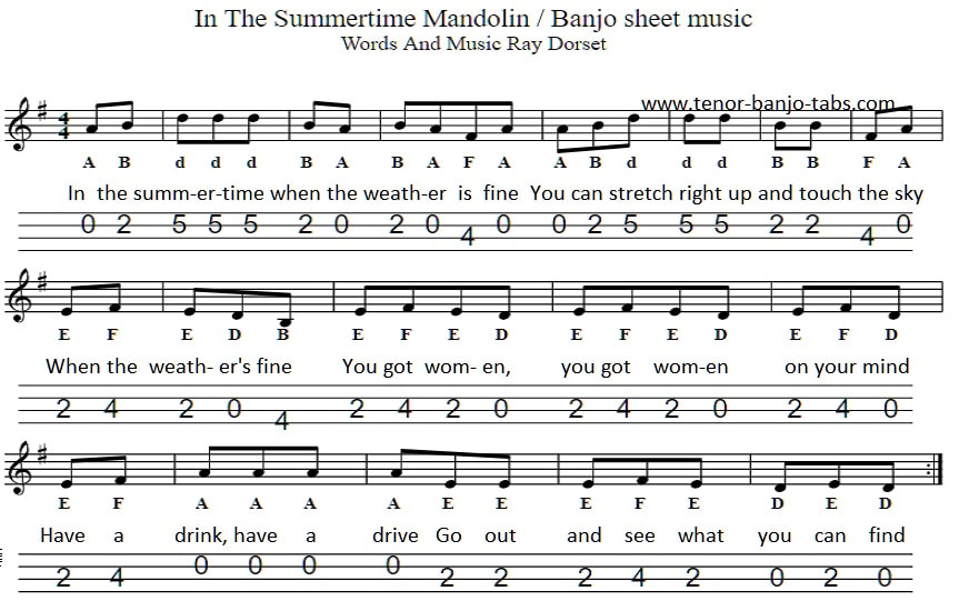 In the summertime sheet music for mandolin
