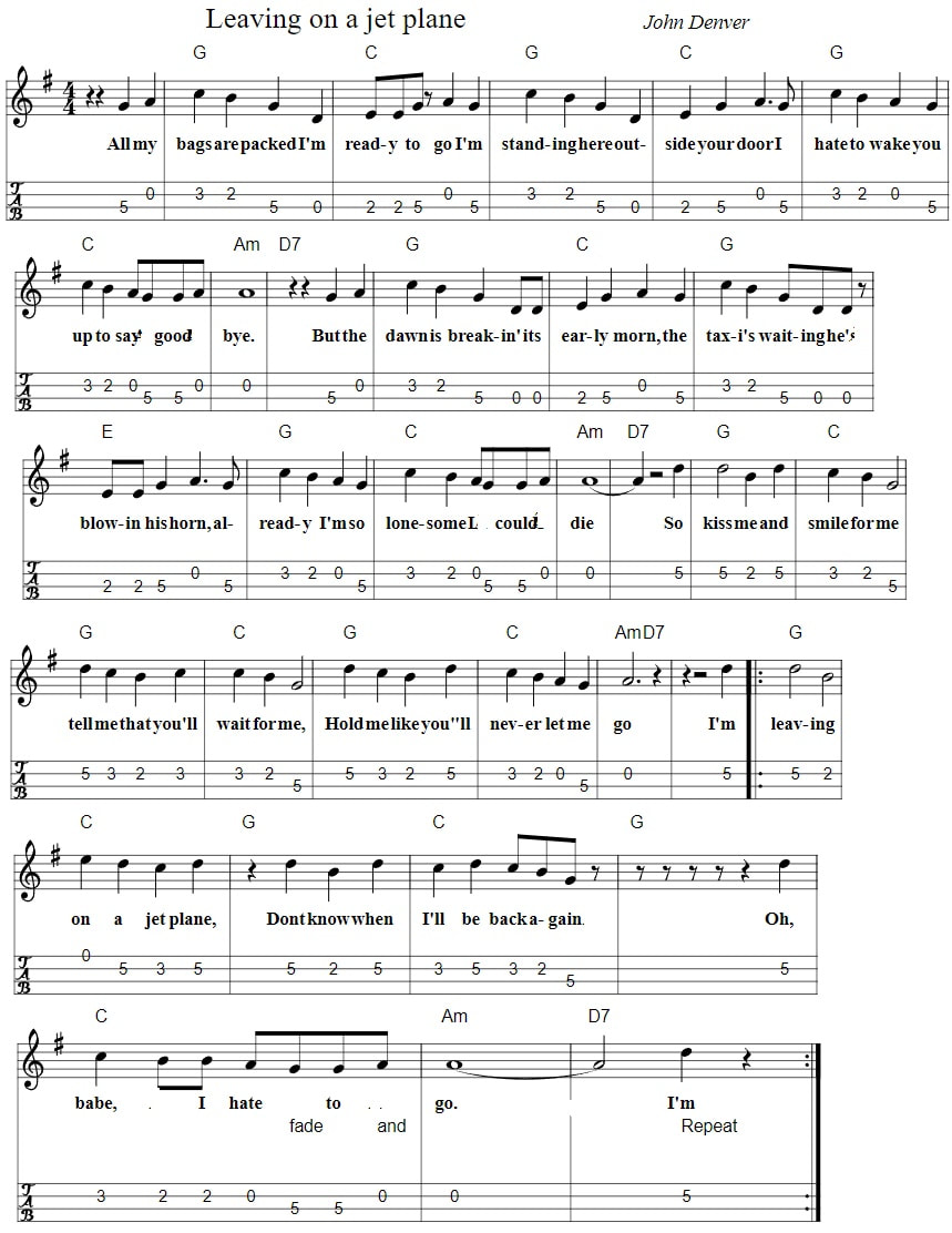 Leaving on a jet plane piano sheet music chords and mandolin tab