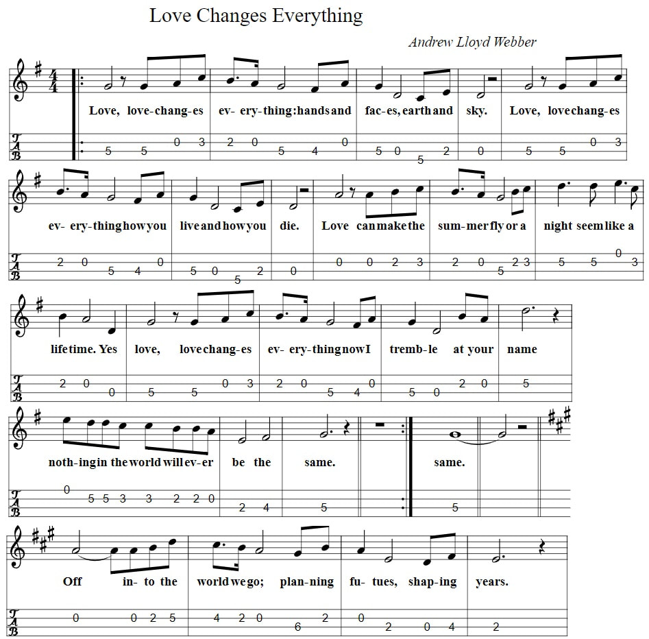 Love Changes Everything Mandolin Sheet Music Tab