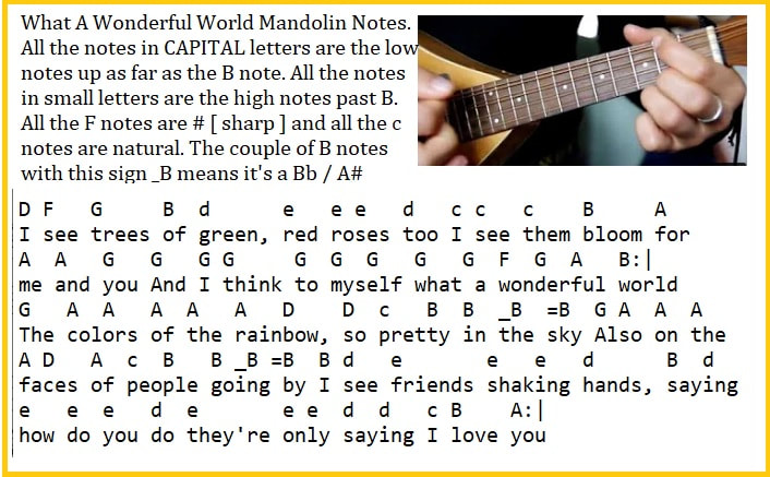 Mandolin letter notes for beginners what a wonderful world song