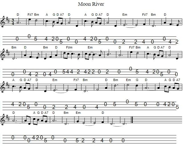Moon river sheet music notes in D Major