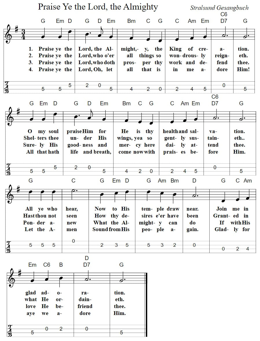 Praise ye the Lord Almighty sheet music mandolin tab lyrics and chords