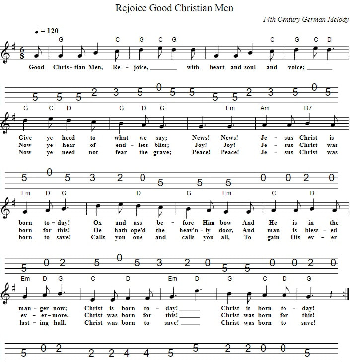 Good Christian Men Rejoice sheet music and mandolin tab with chords