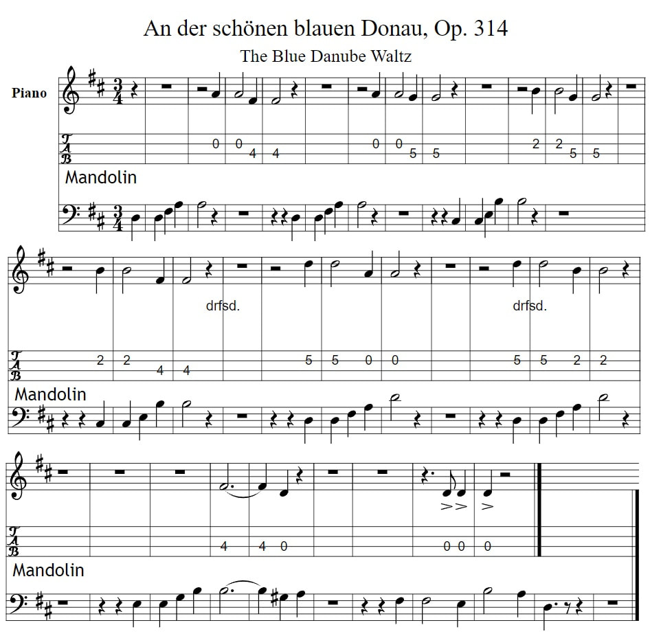 The blue danube waltz piano sheet music and mandolin tab in D Major