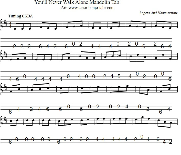 You'll Never Walk Alone Mandolin Tab in CGDA Tuning
