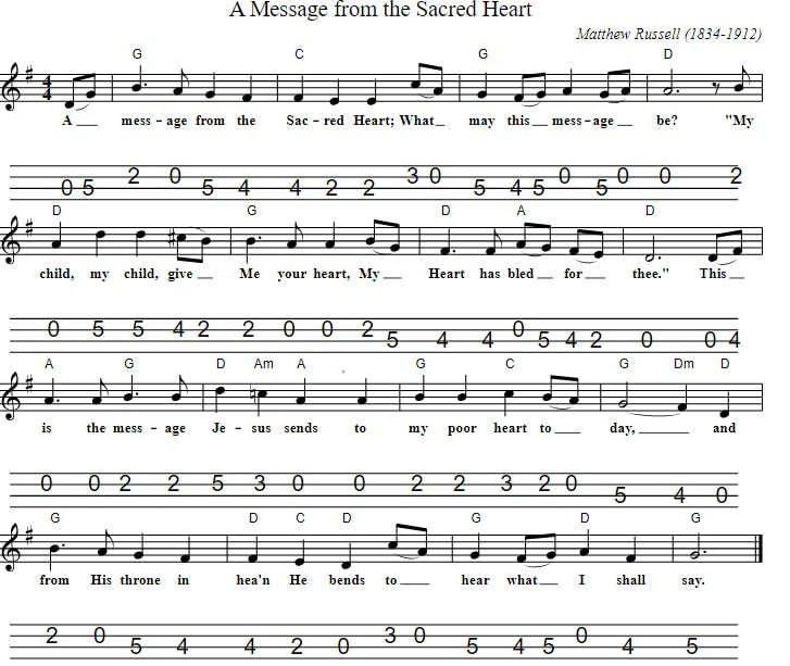 A Message To The Sacred Heart Sheet Music And Mandolin Tab with the guitar chords and lyrics.
