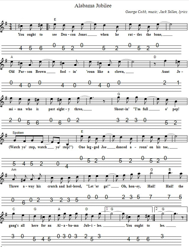 Alabama Jubilee Mandolin Tab Lyrics And Chords