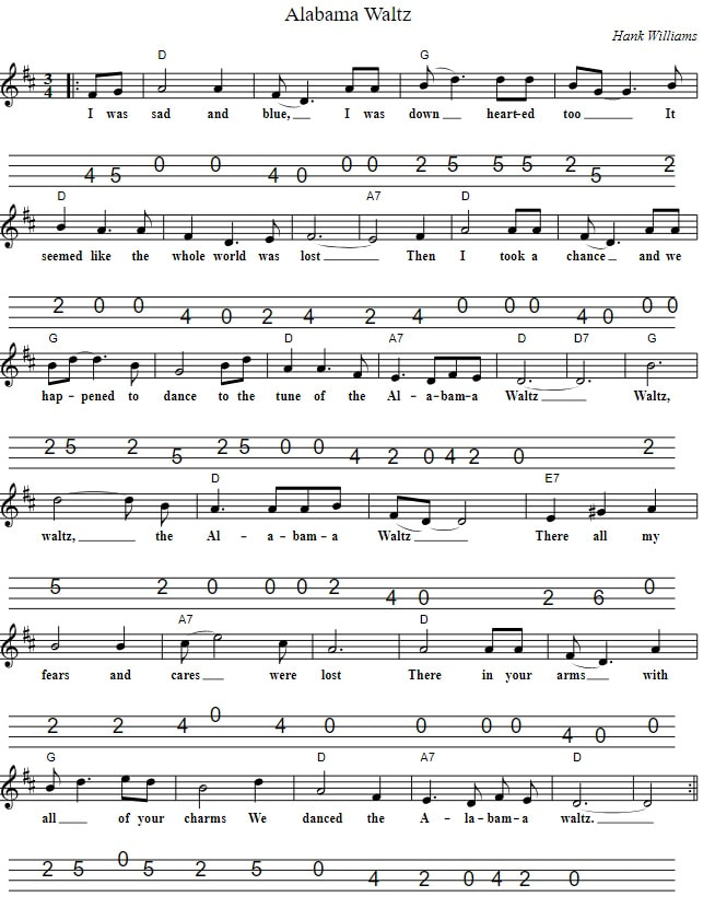 Alabama Waltz Sheet Music Mandolin Tab And Chords