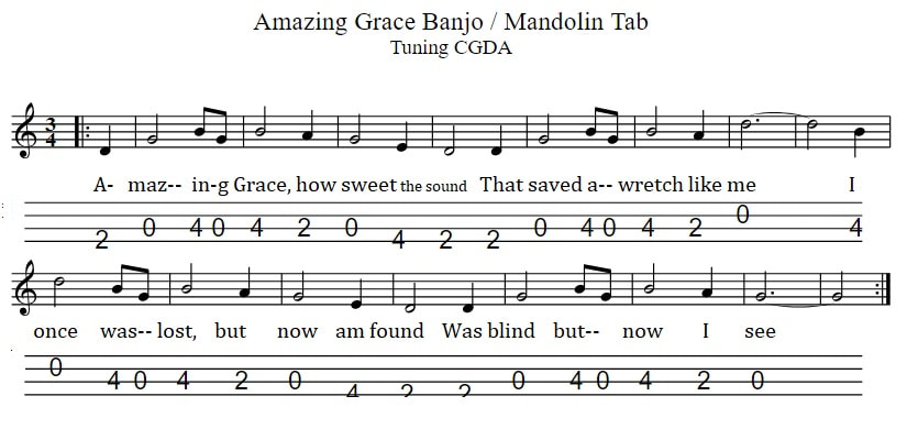 Amazing Grace mandolin tab in tuning of CGDA