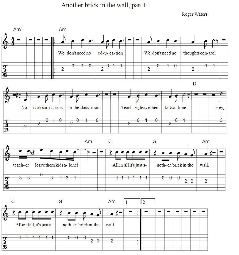 Another Brick In The Wall Guitar Tab Lyrics And Chords