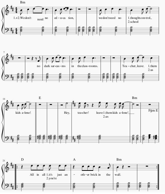 Another brick in the wall sheet music score with the chords