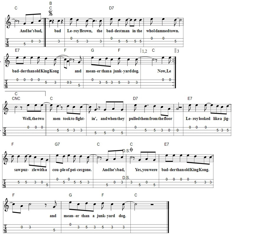 Bad Bad Leroy Brown Piano Sheet Music Banjo Tab With Chords page two