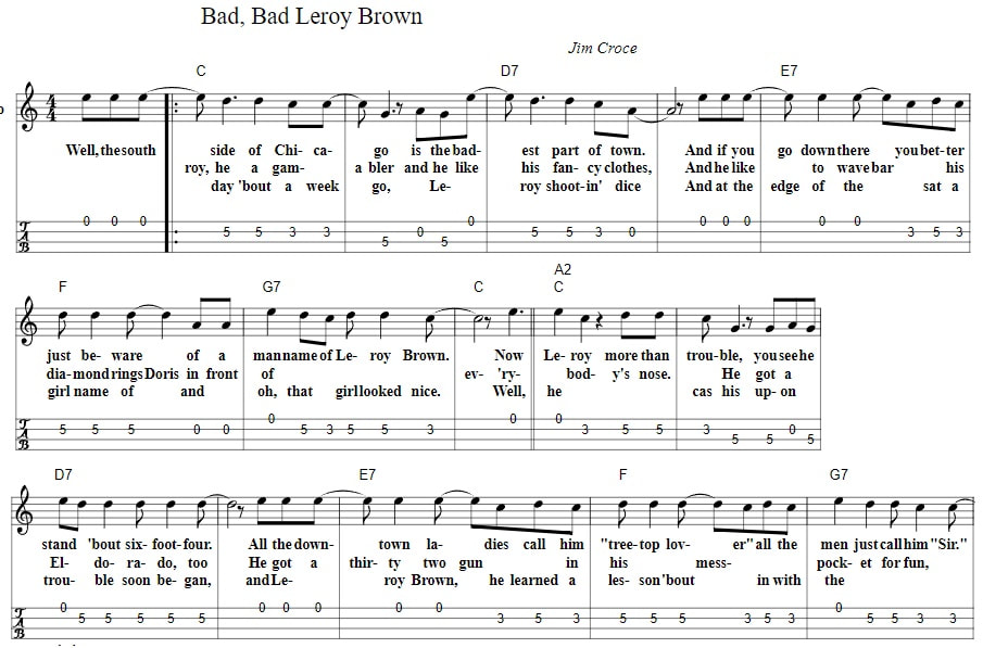 Bad Bad Leroy Brown Piano Sheet Music Banjo Tab With Chords