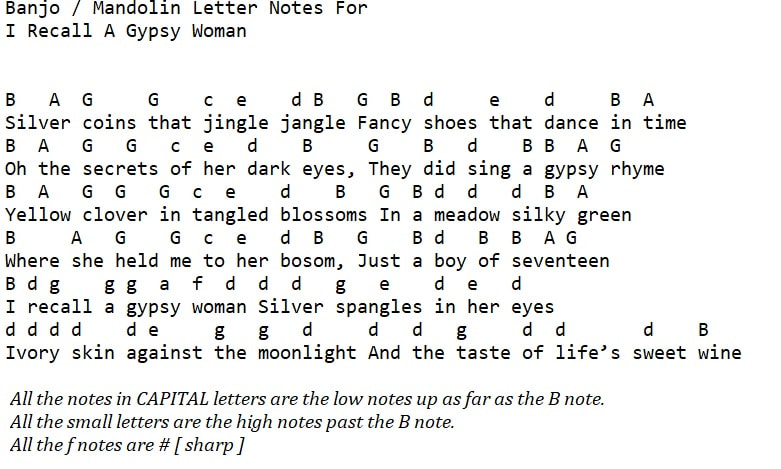 Banjo letter notes for I recall a gypsy woman