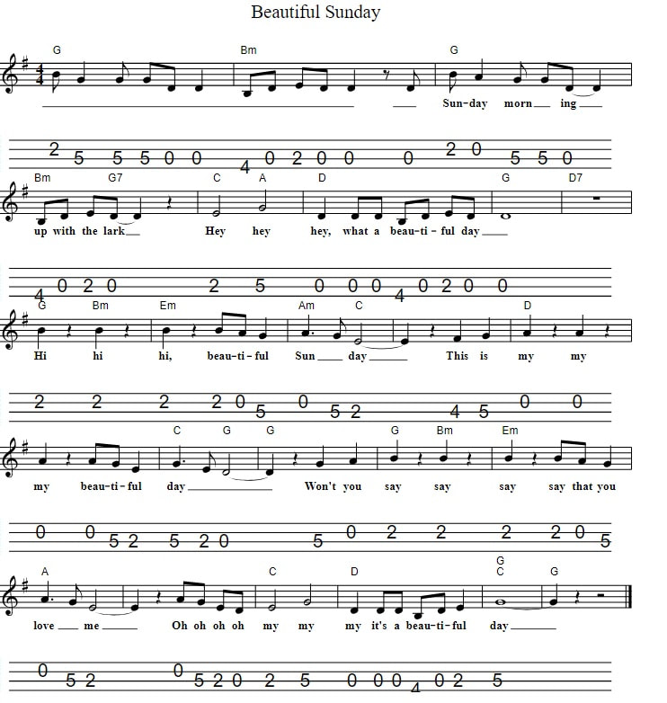 Beautiful Sunday sheet music score with guitar chords