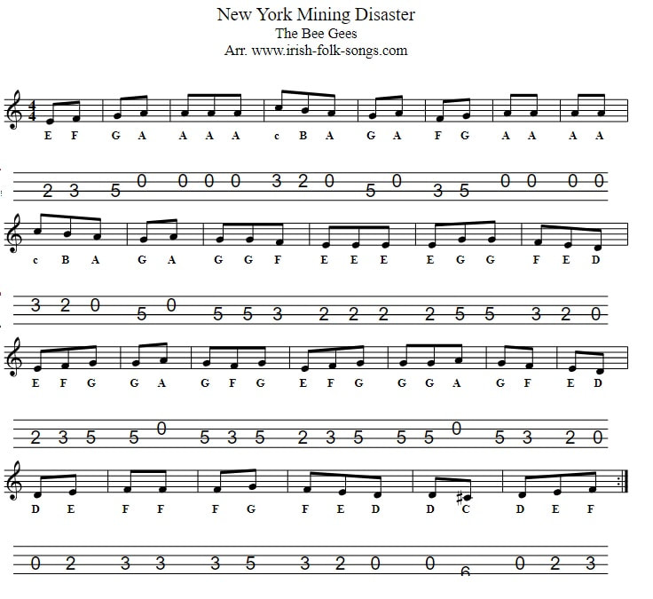 New York Mining Disaster Mandolin / tenor banjo Sheet Music tab by The Bee Gees 