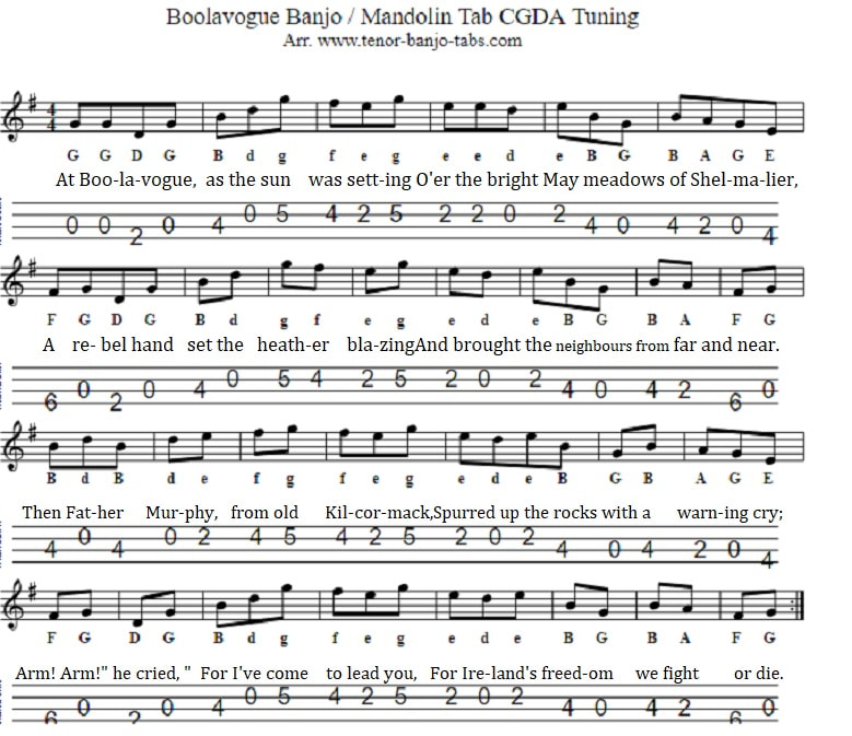 Boolavogue banjo tab in CGDA tuning