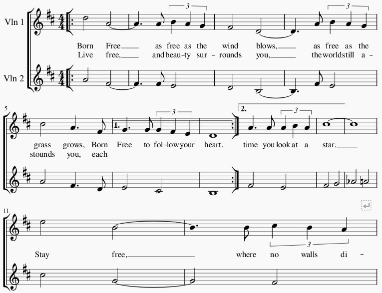 Born free easy sheet music score in D Major