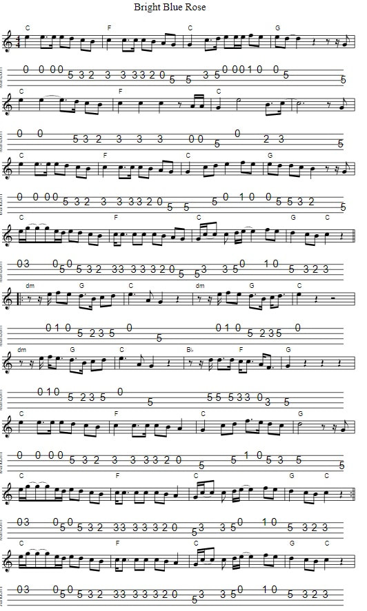 Bright blue rose mandolin tab in C Major