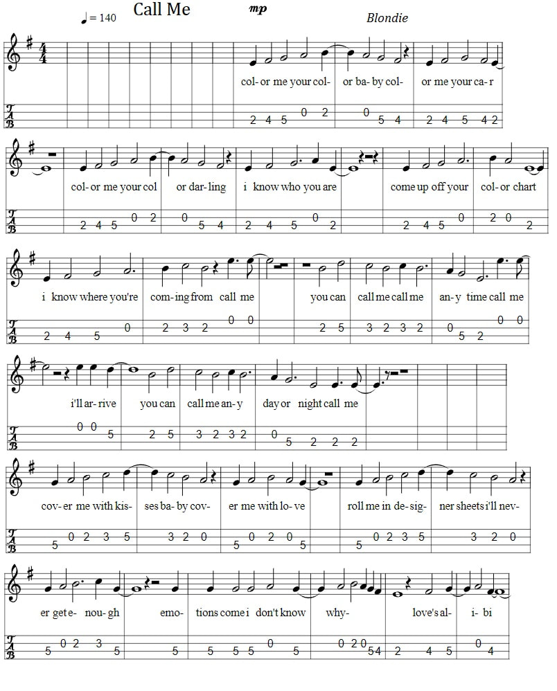Call Me Sheet Music And Mandolin Tab By Blondie