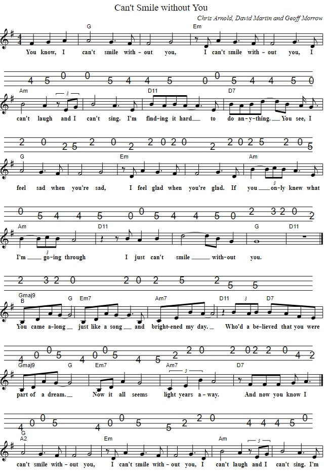 Cant Smile Without You Sheet Music For Mandolin