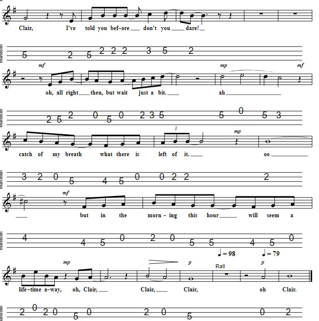 Clare sheet music and mandolin tab by Gilbert O'Sullivan verse three