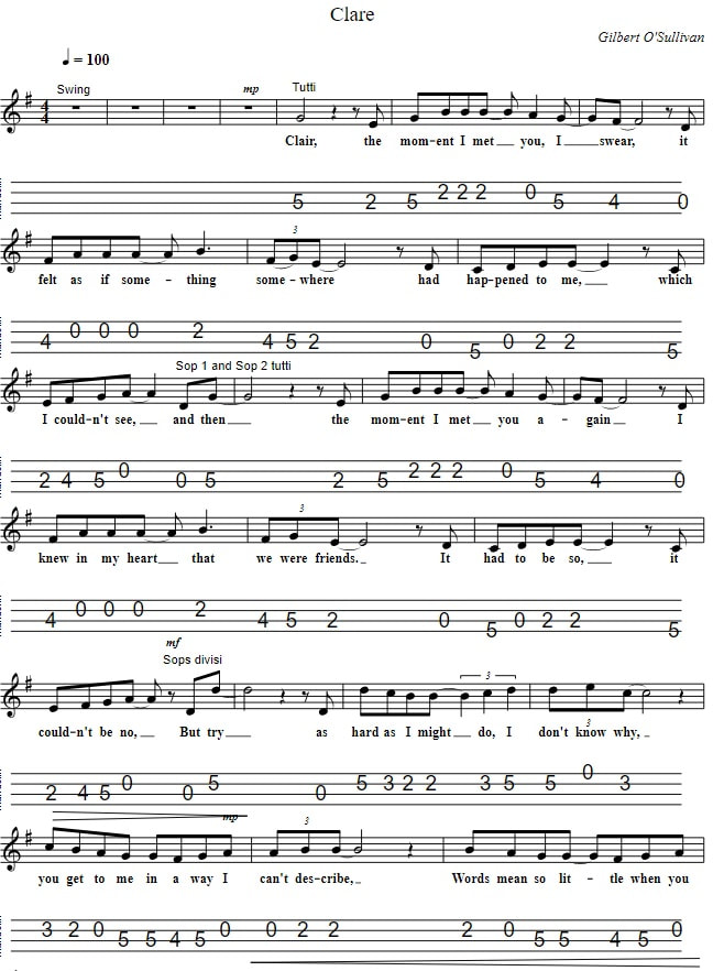 Clare sheet music and mandolin tab by Gilbert O'Sullivan