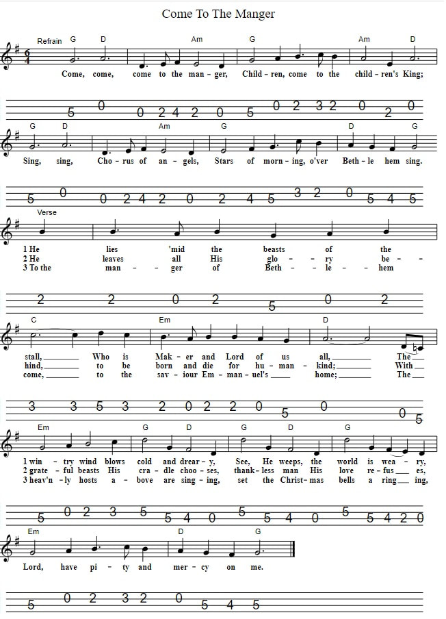 Come to the Manger sheet music mandolin tab and chords