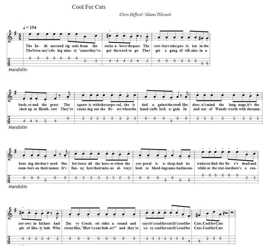 Cool For Cats Sheet Music And Mandolin Tab By Squeeze