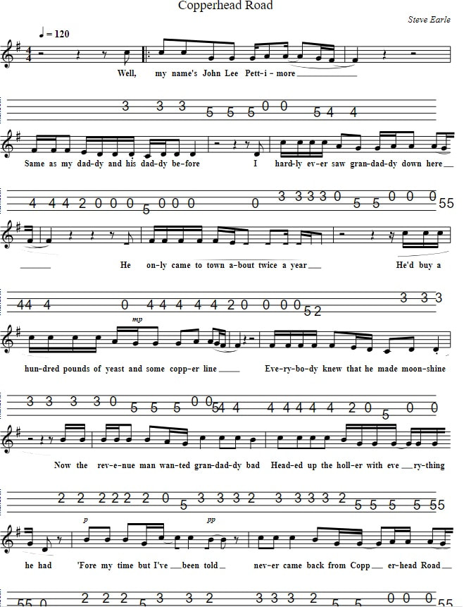 Copperhead road sheet music by Steve Earle with lyrics