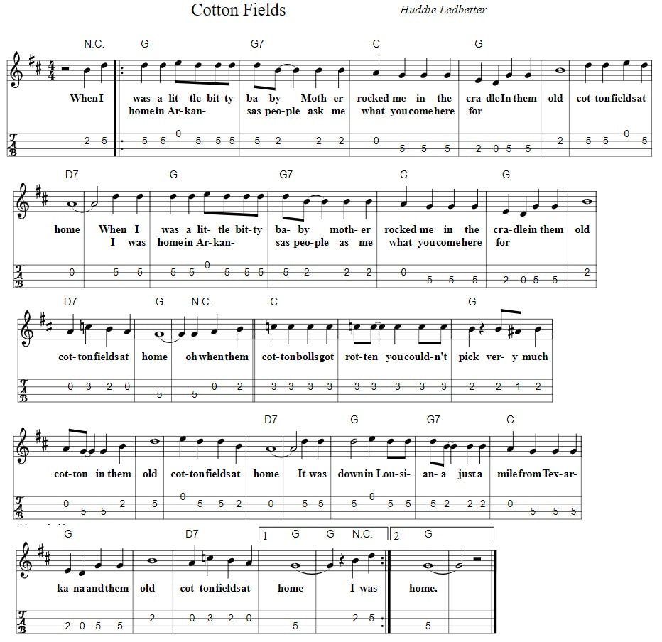 Cotton fields piano sheet music chords and mandolin tab
