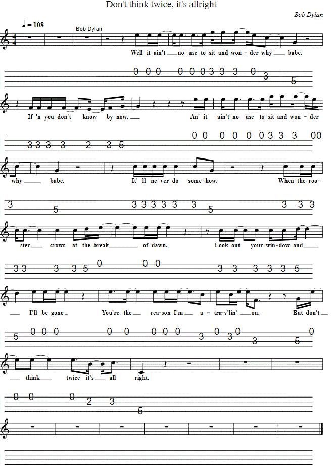 Don't think twice sheet music in C Major by Bob Dylan