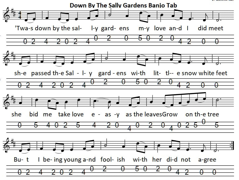 down by the sally gardens tenor banjo tab