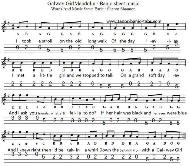 Galway Girl Mandolin tab in the key of G Major.