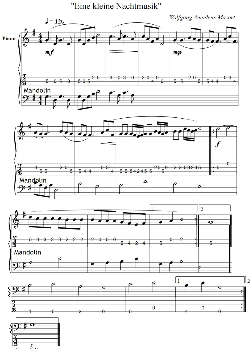 Eine kleine nachtmusik piano sheet music in D Major with mandolin tab