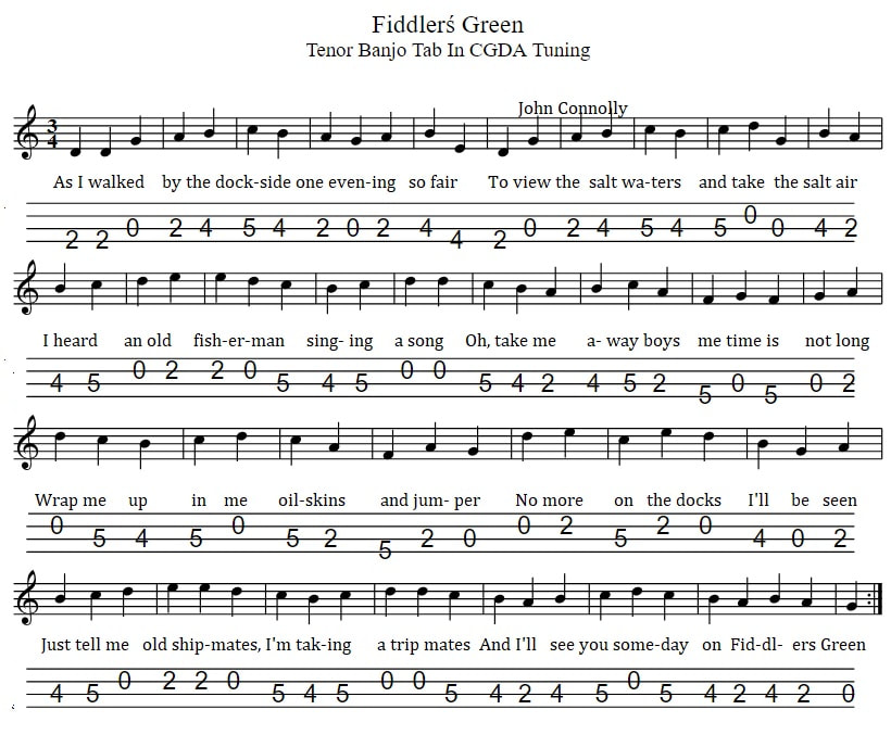 Fiddlers green banjo tab in CGDA Tuning