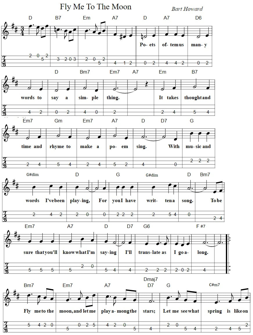 Fly me to the Moon piano sheet music chords and mandolin tab