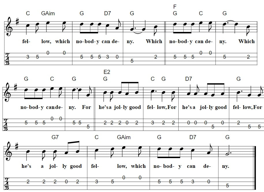 For he's a jolly good fellow mandolin sheet music with piano chords