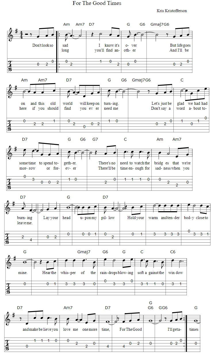 For The Good Times Guitar Tab Lyrics And Chords