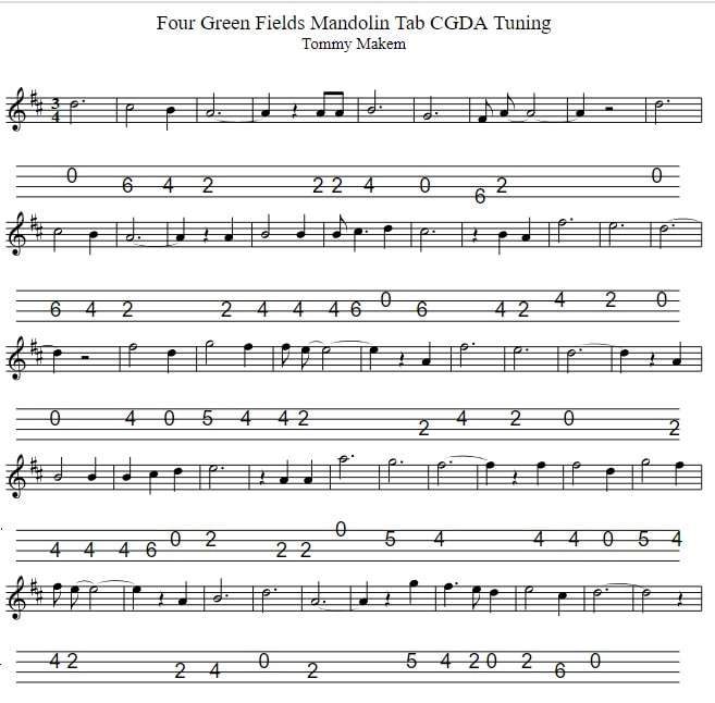 Four green fields mandolin tab in CGDA Tuning