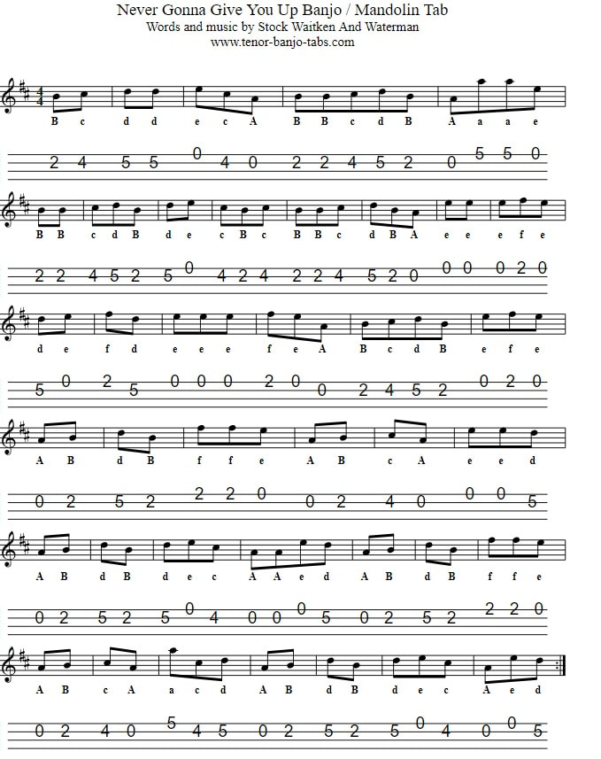 Never gonna give you up mandolin sheet music in the key of D Major