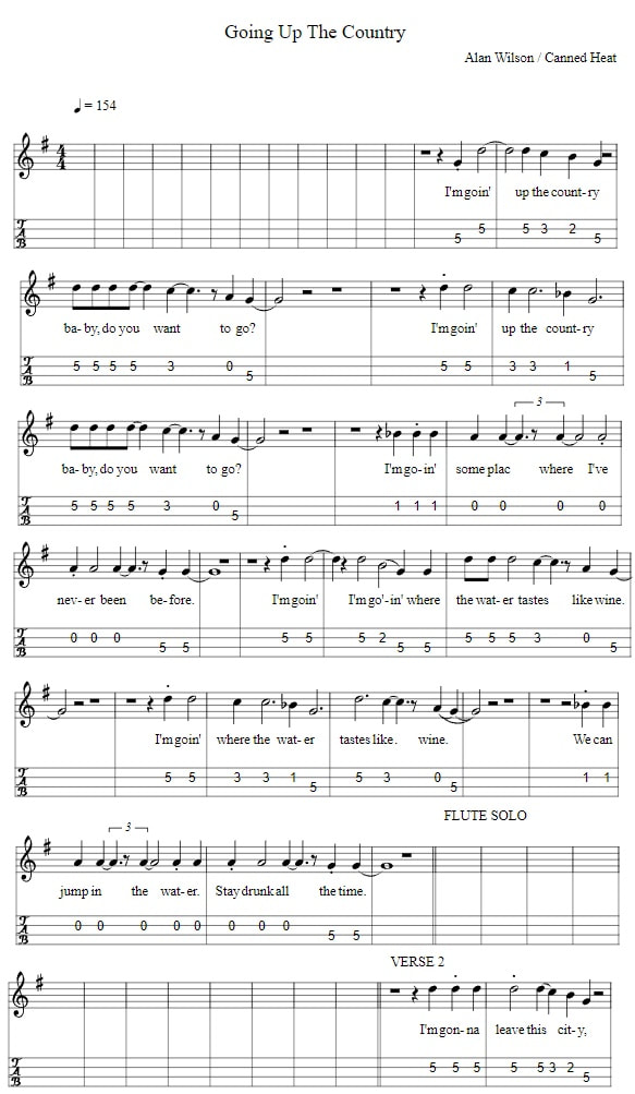 Going Up The Country Sheet Music and mandolin tab