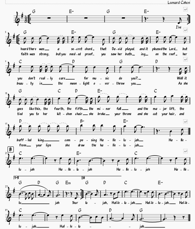 Hallelujah sheet music in G with lyrics and chords