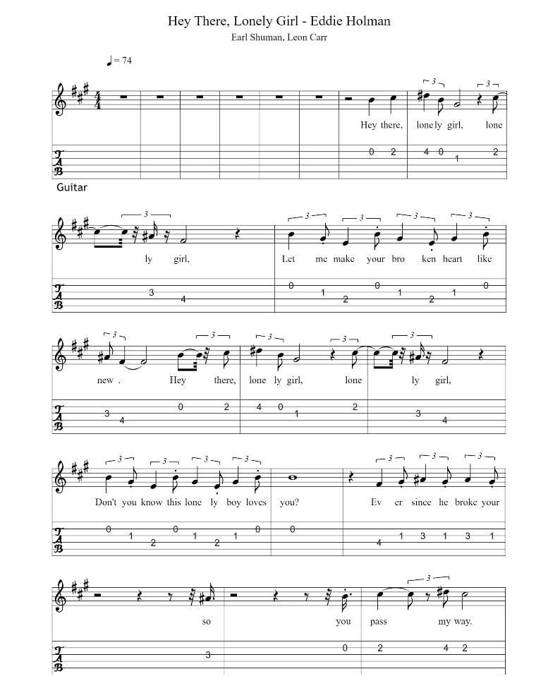 Hey There Lonely Girl Fingerstyle Guitar Tab