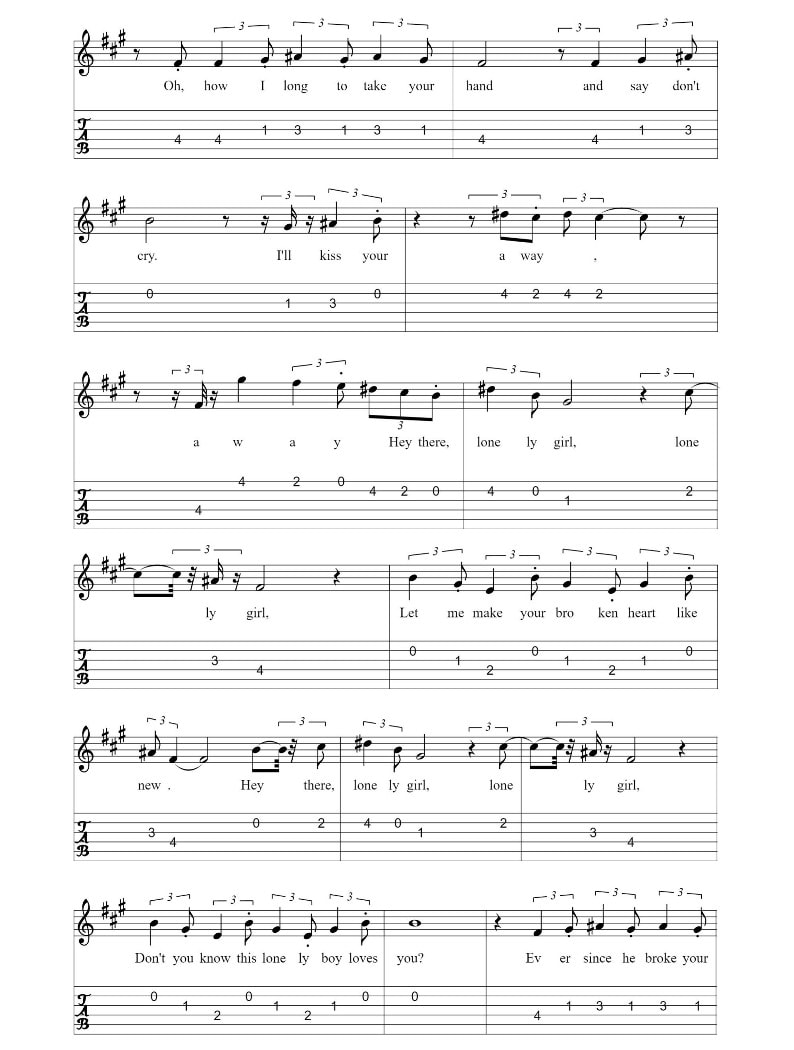 Hey There Lonely Girl Fingerstyle Guitar Tab part two