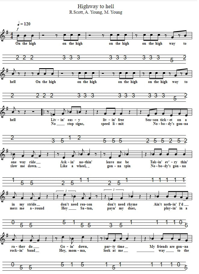Highway To Hell Sheet Music And Mandolin Tab